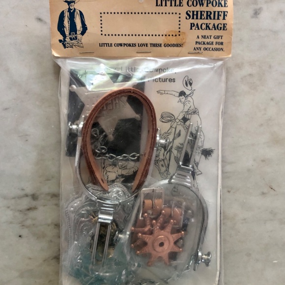Other - Vintage LITTLE COWPOKE SHERIFF PACKAGE: Metal and leather Spurs & Metal Badge